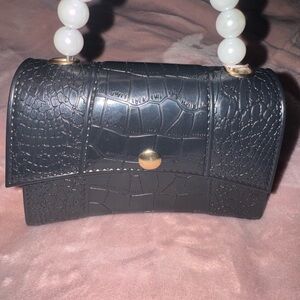 Willow & ruby Black Croc-Embossed Mini Bag with Pearl Handle
